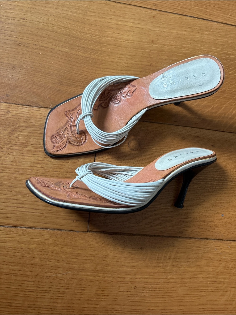Rare Vintage CELINE 2003 Tooled Leather Thong Mule Heels